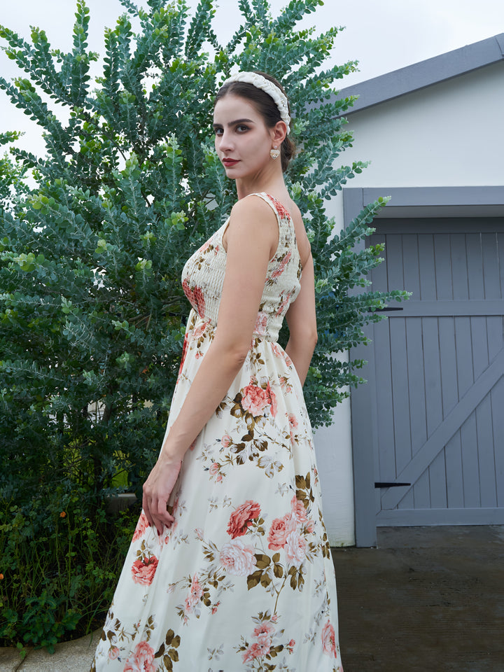 Beige One Shoulder Floral Midi Dress