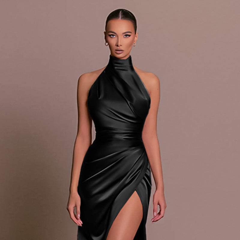 Black Halter Neck Satin Wrap Dress