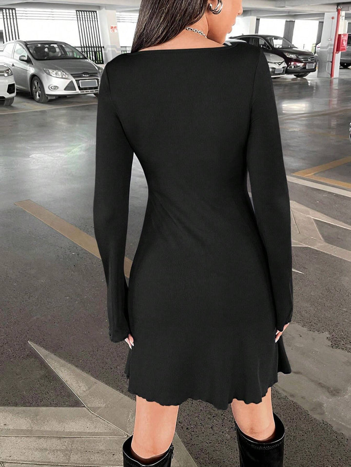 Black Full Sleeved Ribbed Knit Dress