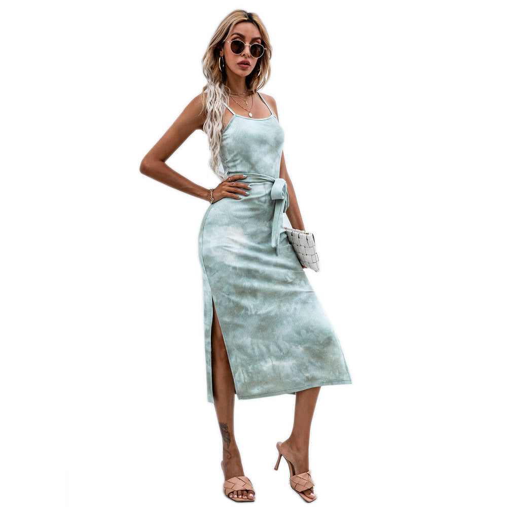 Green Shoulder Strap Side Slit Dress