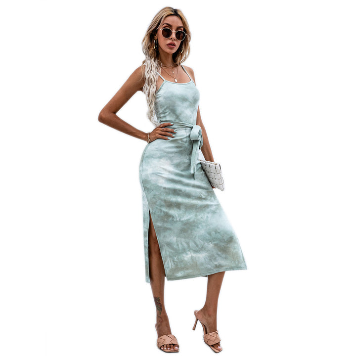 Green Shoulder Strap Side Slit Dress