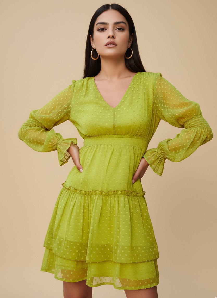 White Bishop Sleeve V Neck Tiered Dress