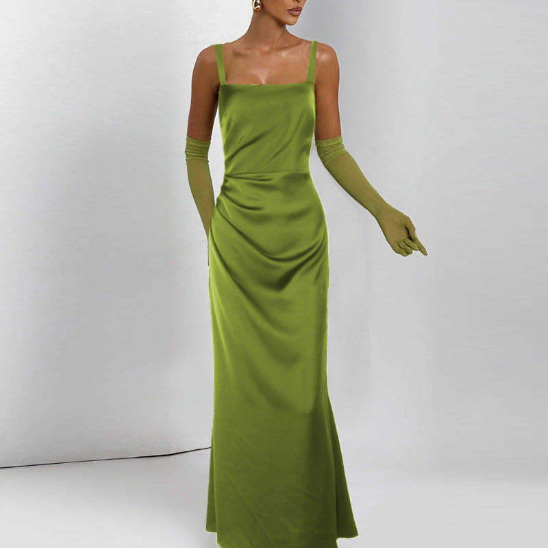 Green Square neck dress with side pleats