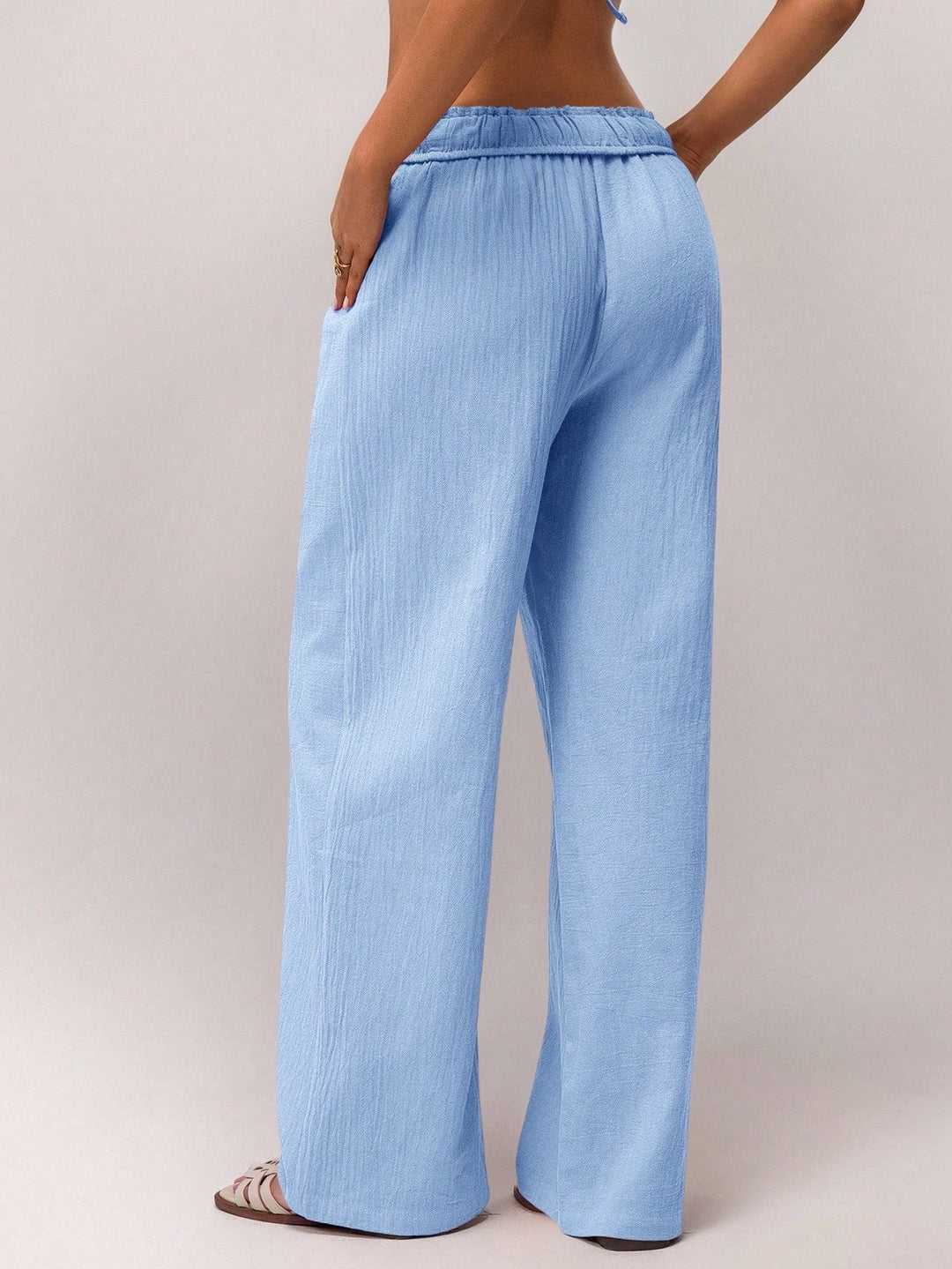 Light Blue High Waist Drawstring Wide Leg Trouser