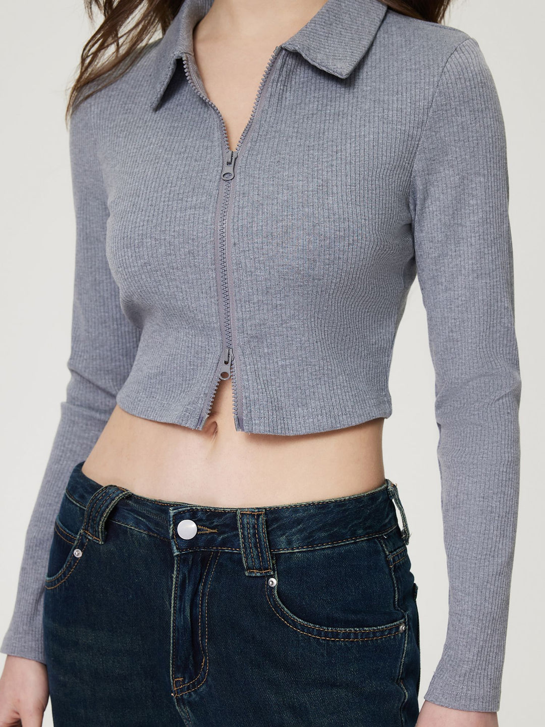 Grey Collar Neck Top With Front Zipper