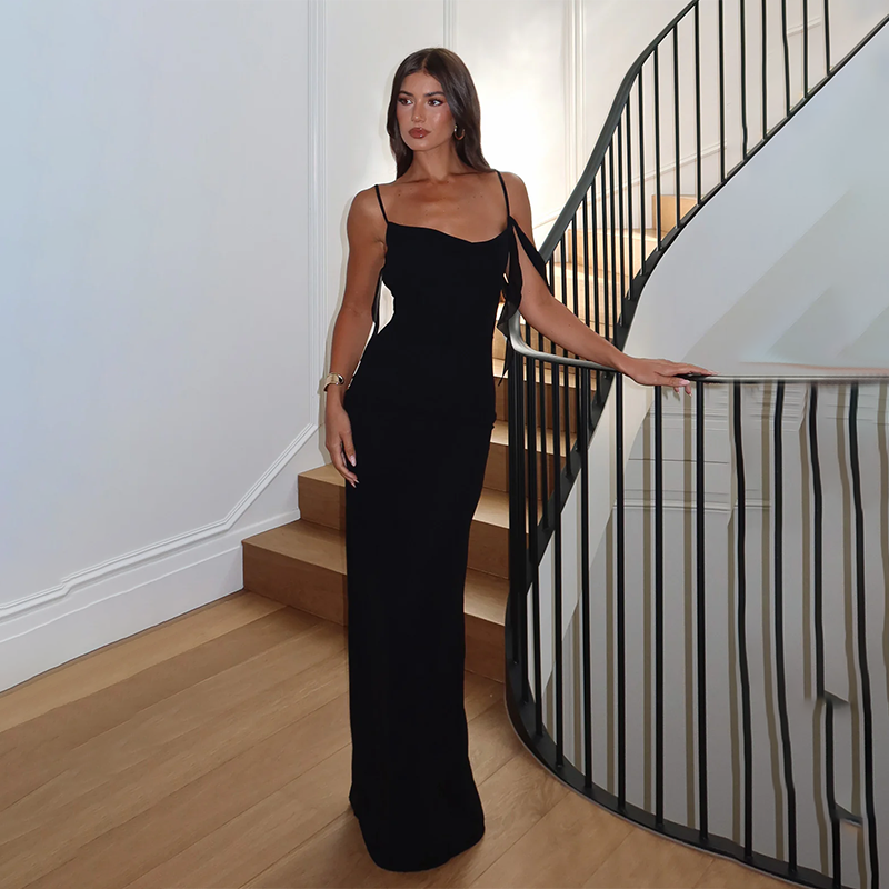 Black Strappy Cowl Neck Solid Dress