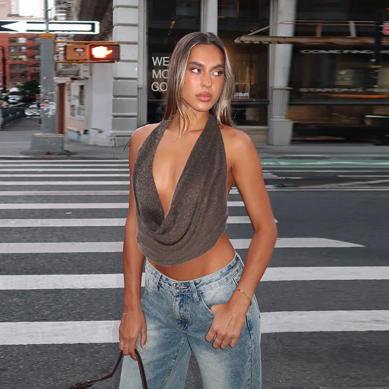 Brown Shimmer Halter Tie Up Top