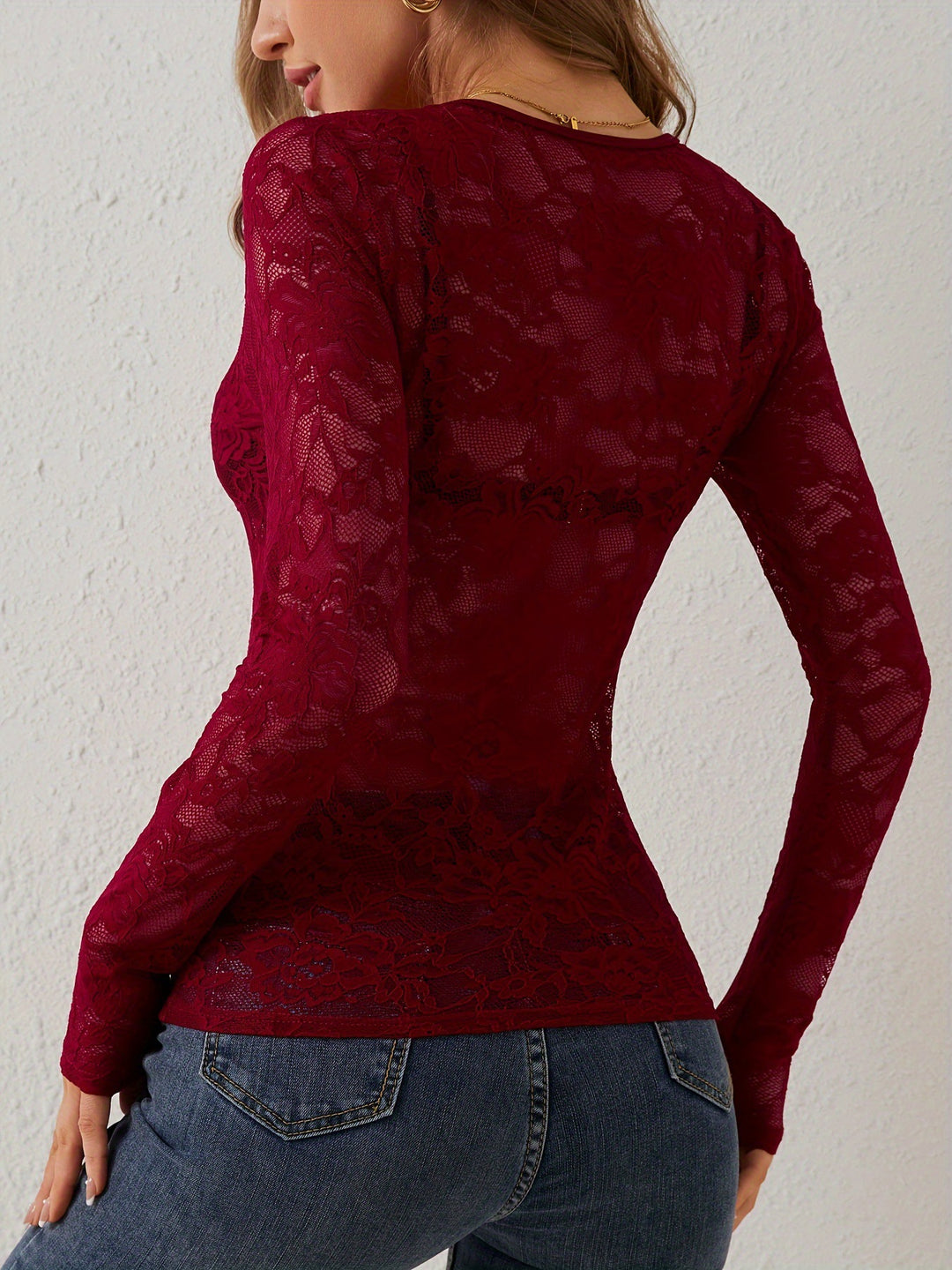 Wine Full Sleeve Plunging Neck Mesh Top