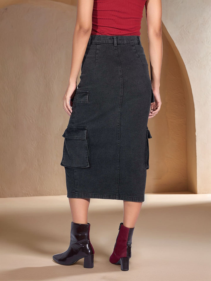 Black High Waist Front Slit Denim Skirt