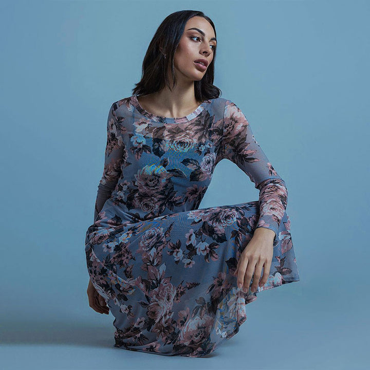 Grey Floral Print Maxi Dress