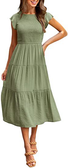 Green Solid Flutter Sleeved And Tiered Dress