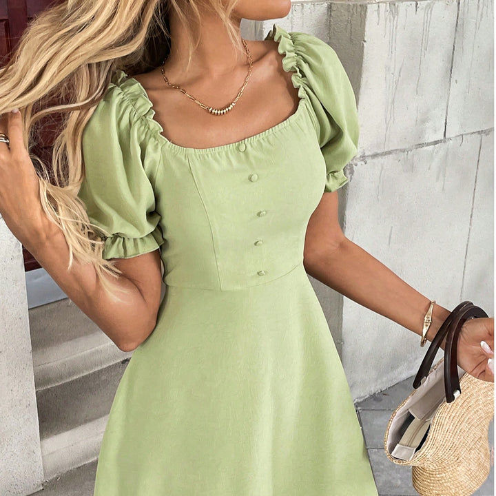 Green Puff Sleeve Fitted Dress