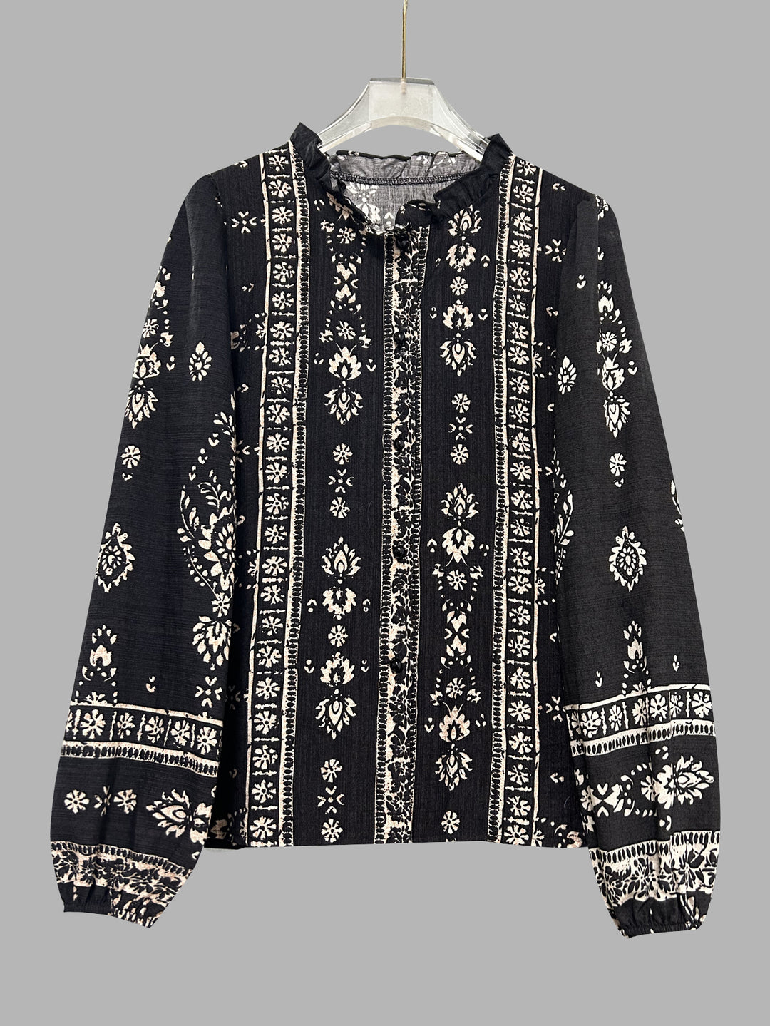 Black Bishop Sleeve Front Buttoned Printed Top