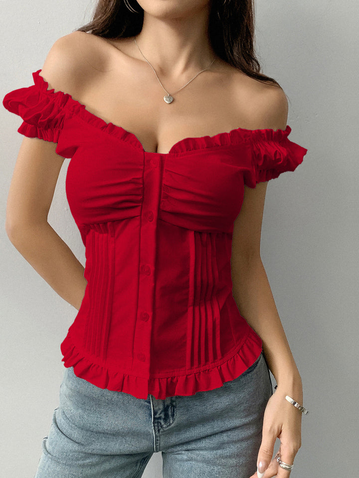 Red Off Shoulder Front Button Pleated Top