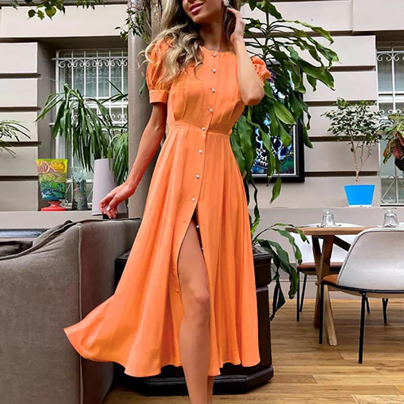 Orange Button Down Fit And Flared Dress