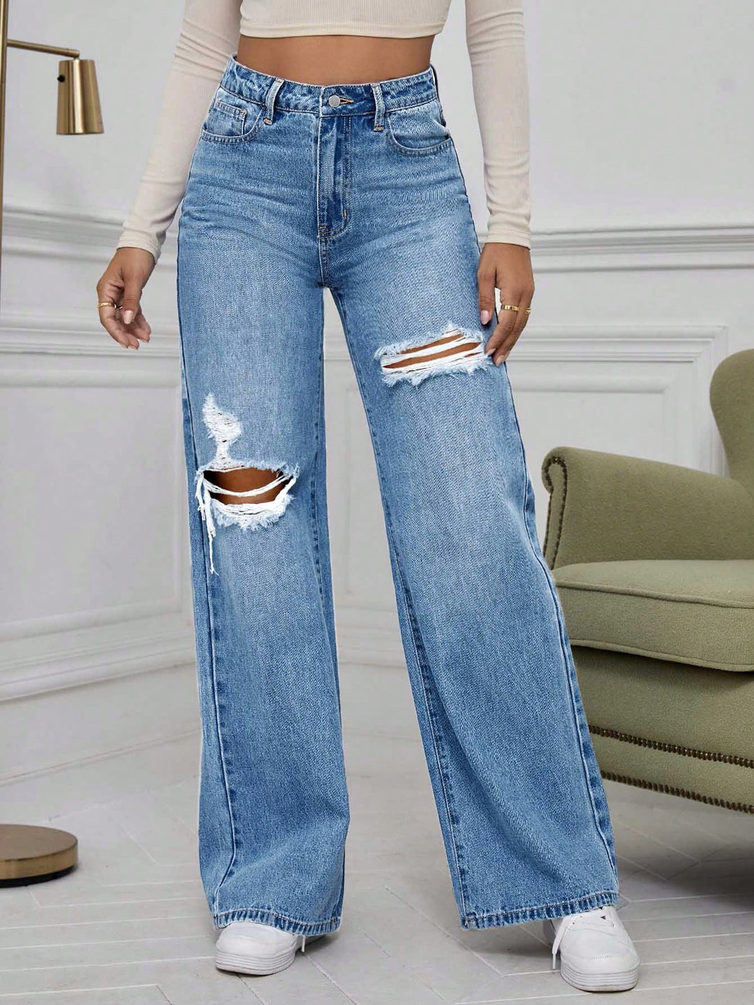 Blue Knee And Thigh Distressed Baggy Jeans