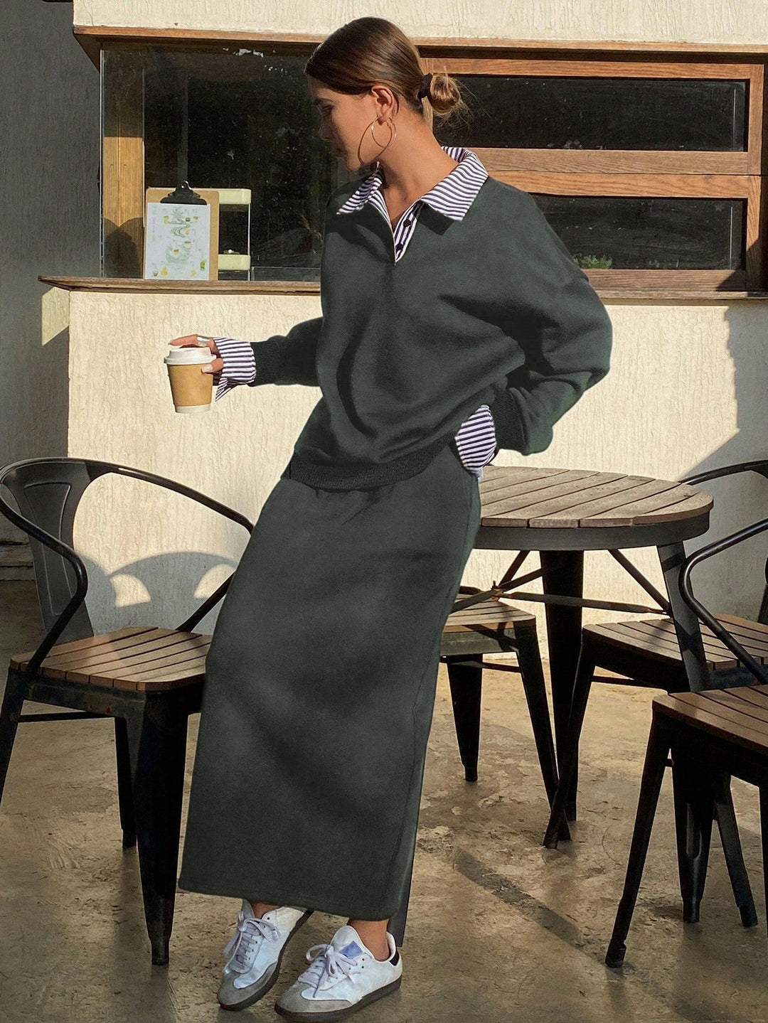 Teal Full Sleeve Pullover And Skirt Set