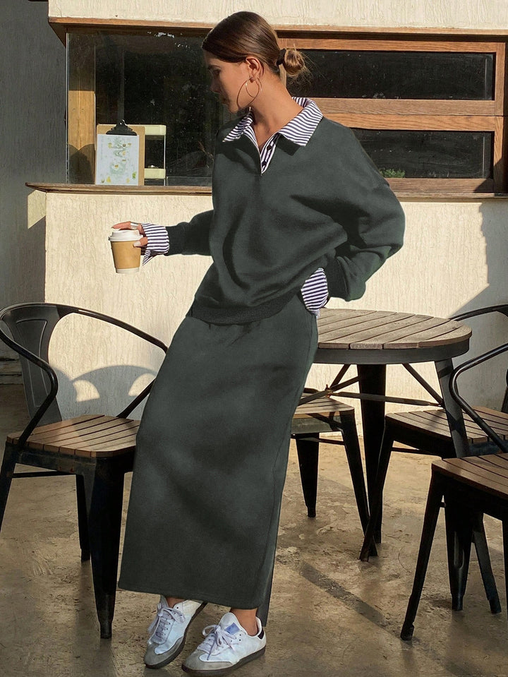 Teal Full Sleeve Pullover And Skirt Set