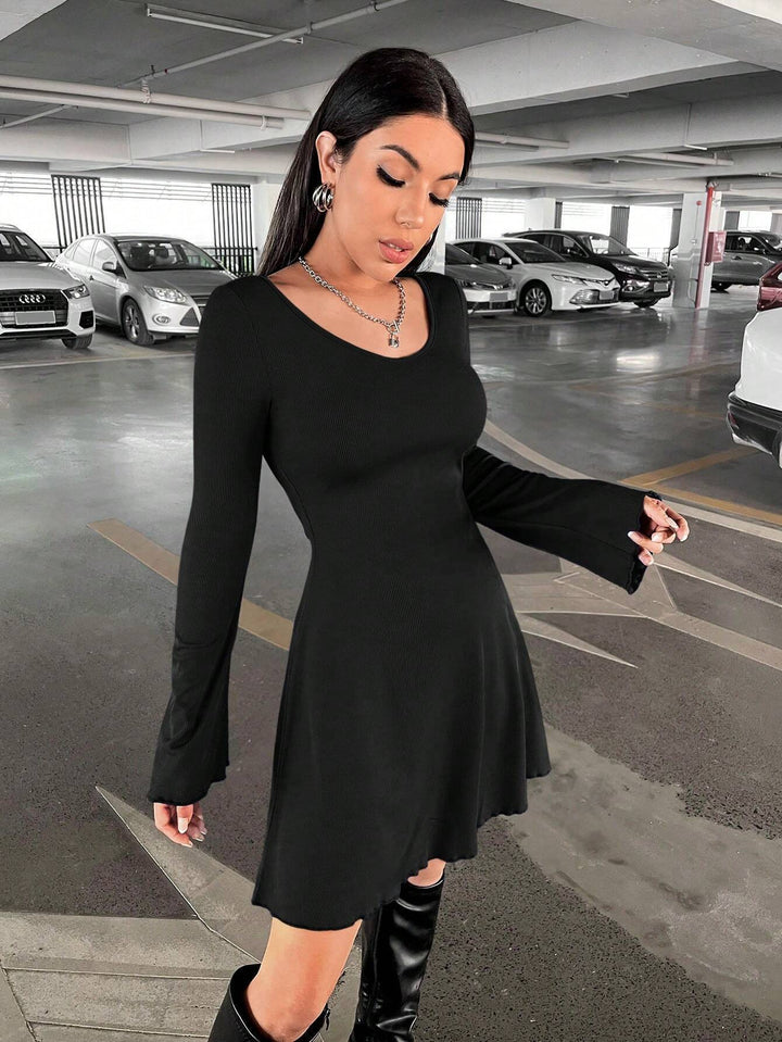 Black Full Sleeved Ribbed Knit Dress