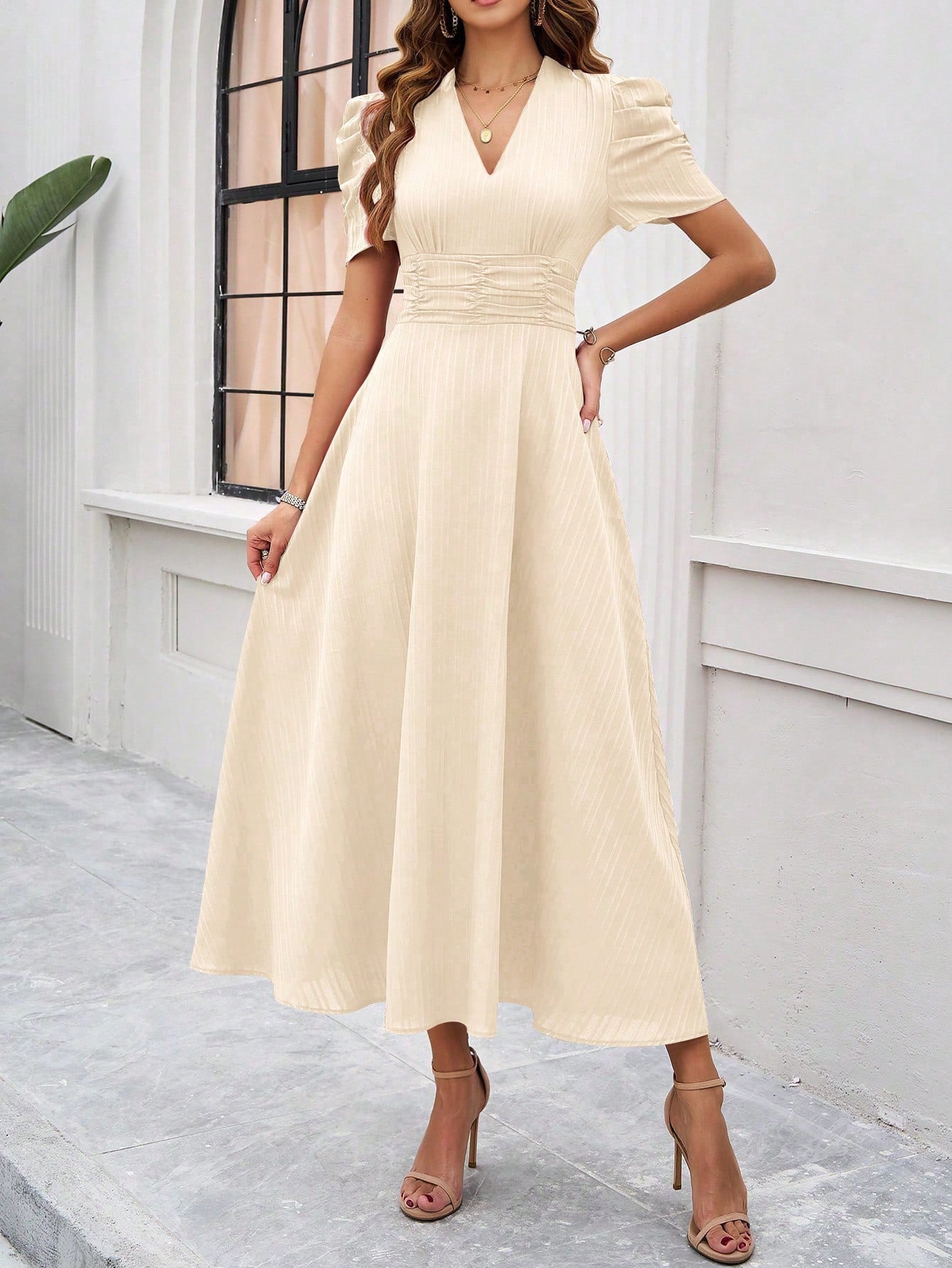 Cream Fit And Flare Midi Dress