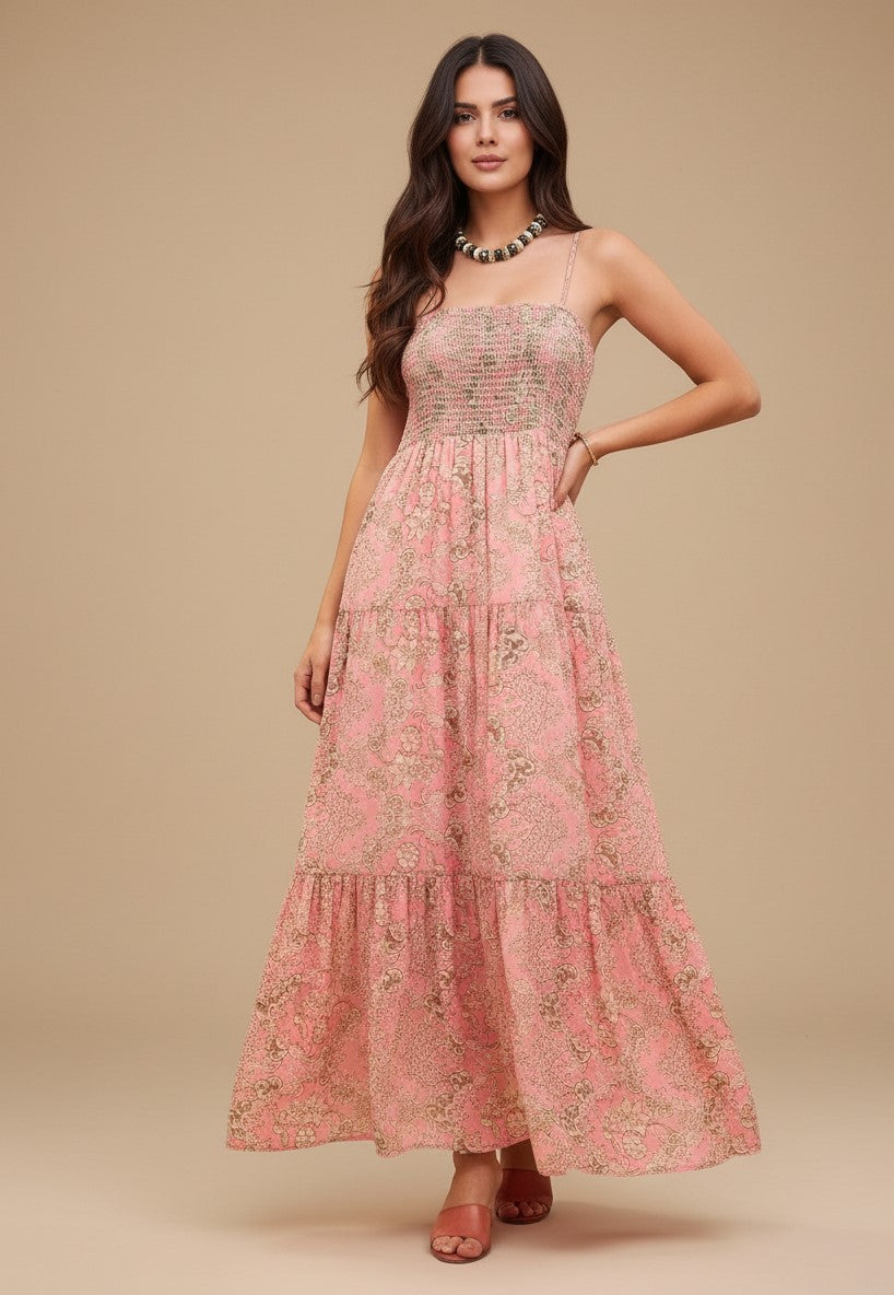Pink Spaghetti Strap Printed Dress