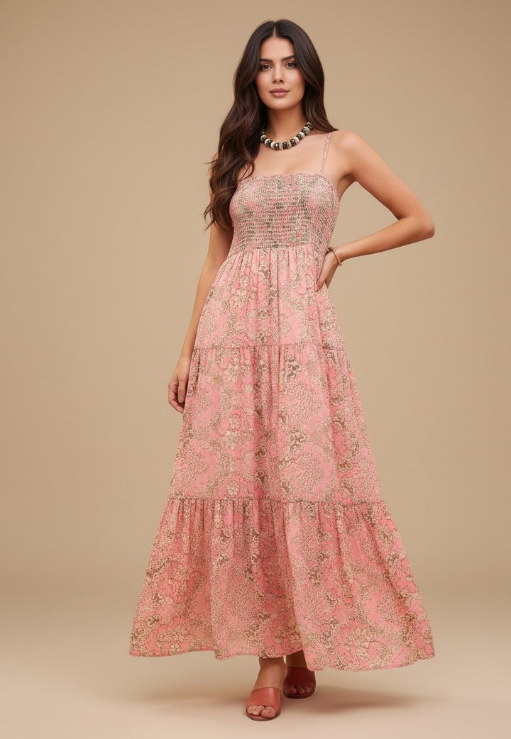Pink Spaghetti Strap Printed Dress