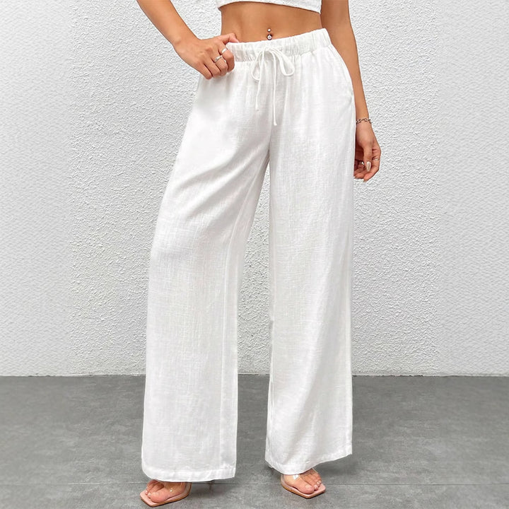 White Solid Wide Leg Drawstring Pant