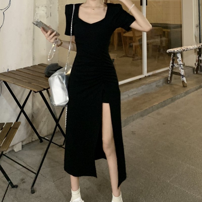 Black High Slit Midi Dress