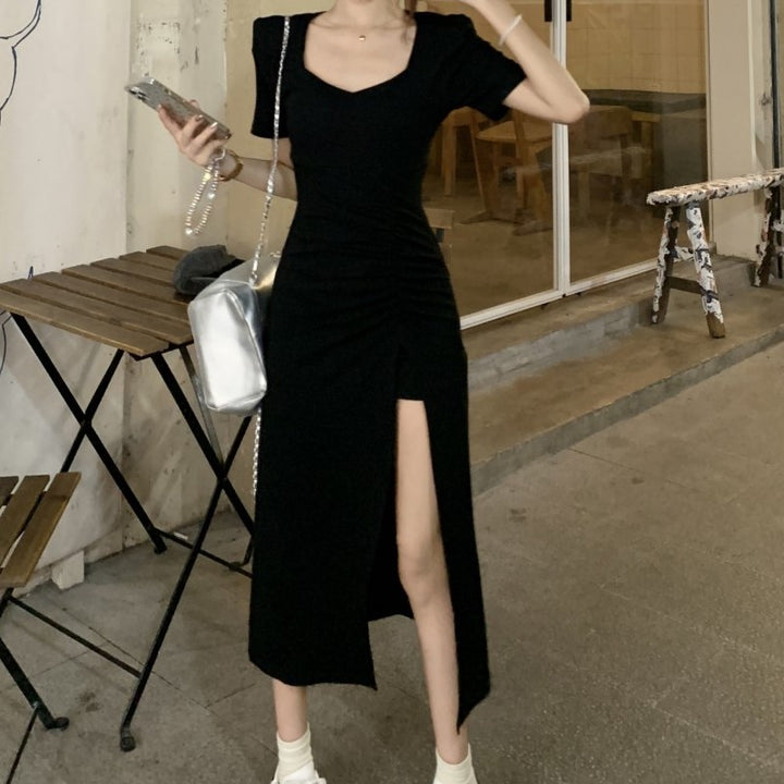 Black High Slit Midi Dress