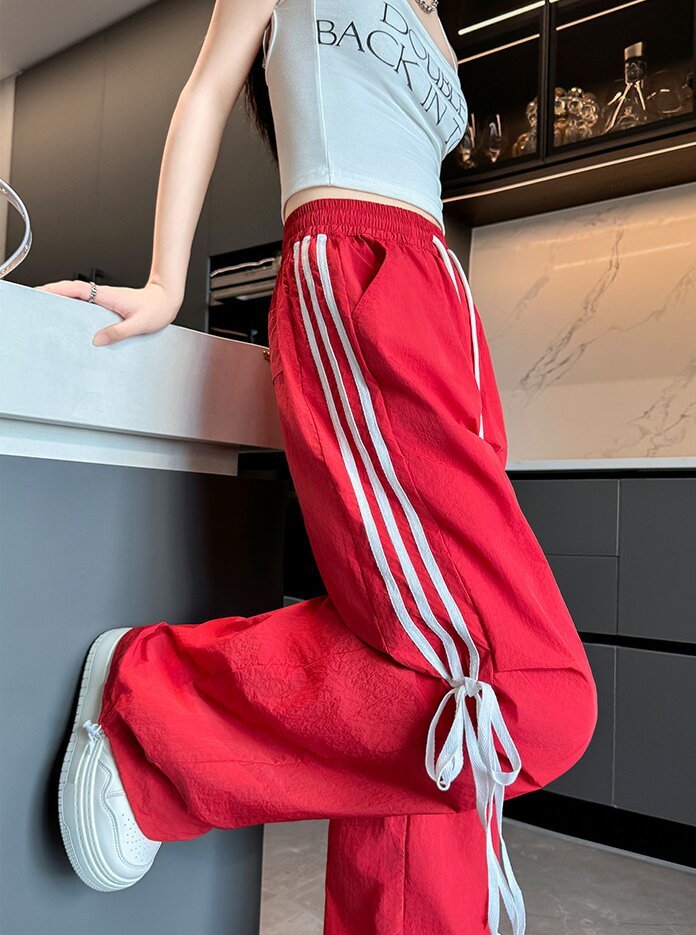 Red Wide Leg Drawstring Stripe Pin Tuck Sweatpants