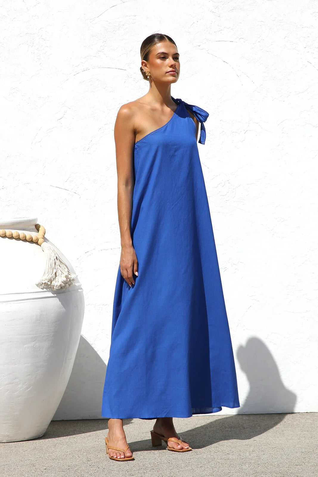 Blue One Shoulder Tie-Up Dress