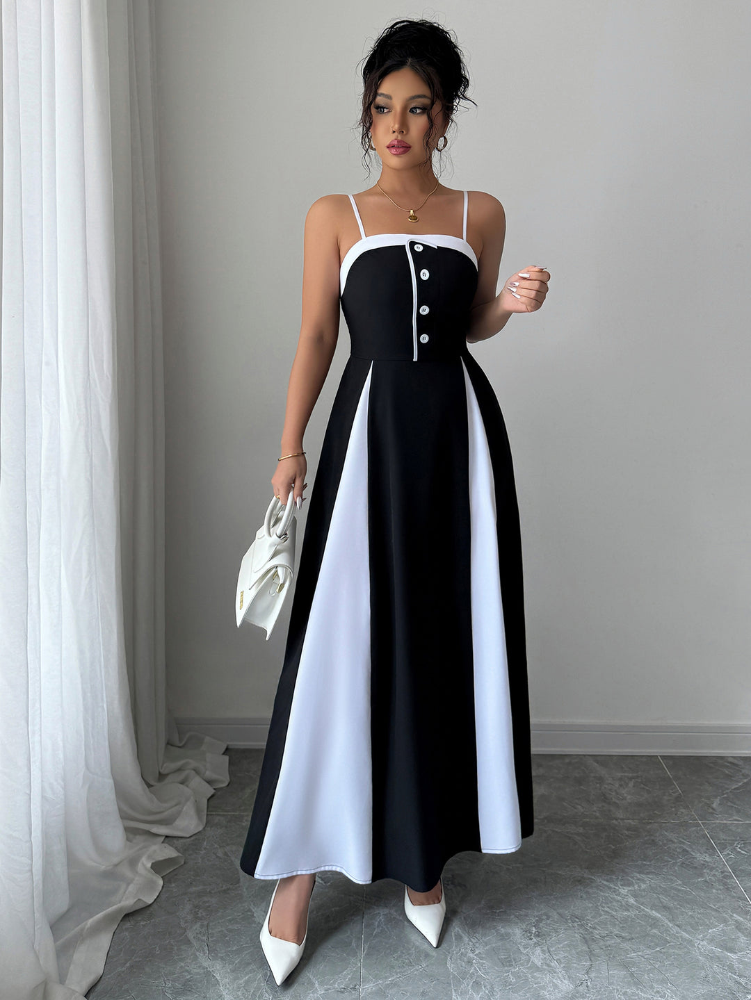 Black Shoulder Strap Colour Block Dress