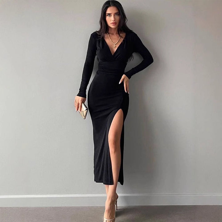 Black Plunge Neck Side Slit Dress
