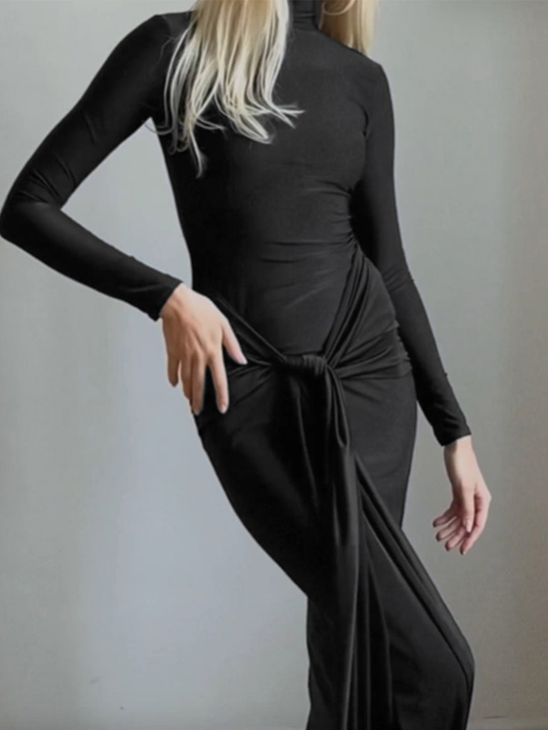 Black Bodycon Dress With Ruched Tie Up Detail