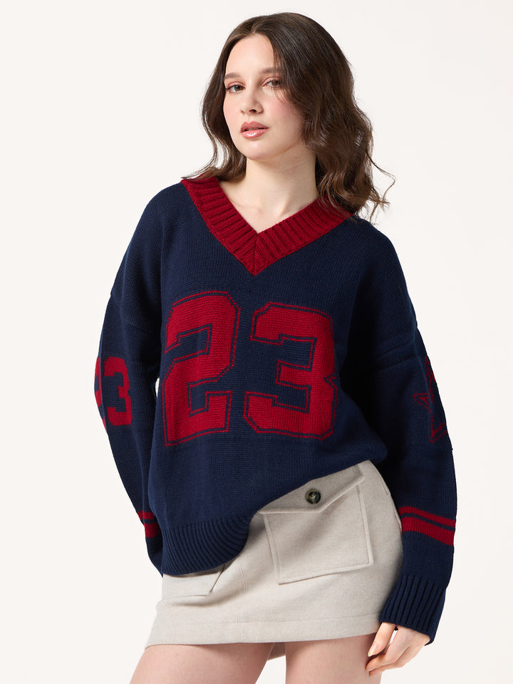 Navy Blue Varsity Graphic Sweater