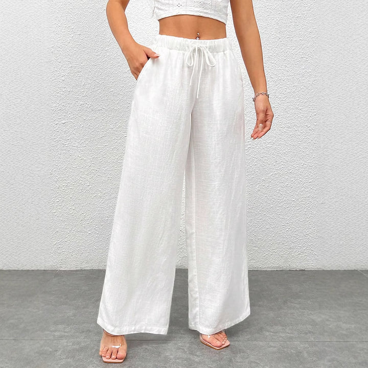 White Solid Wide Leg Drawstring Pant