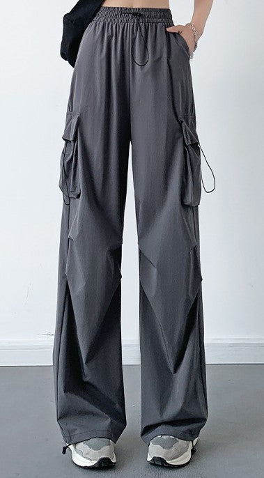 Grey Drawstring Parchute Pin Tucked Cargo Pants