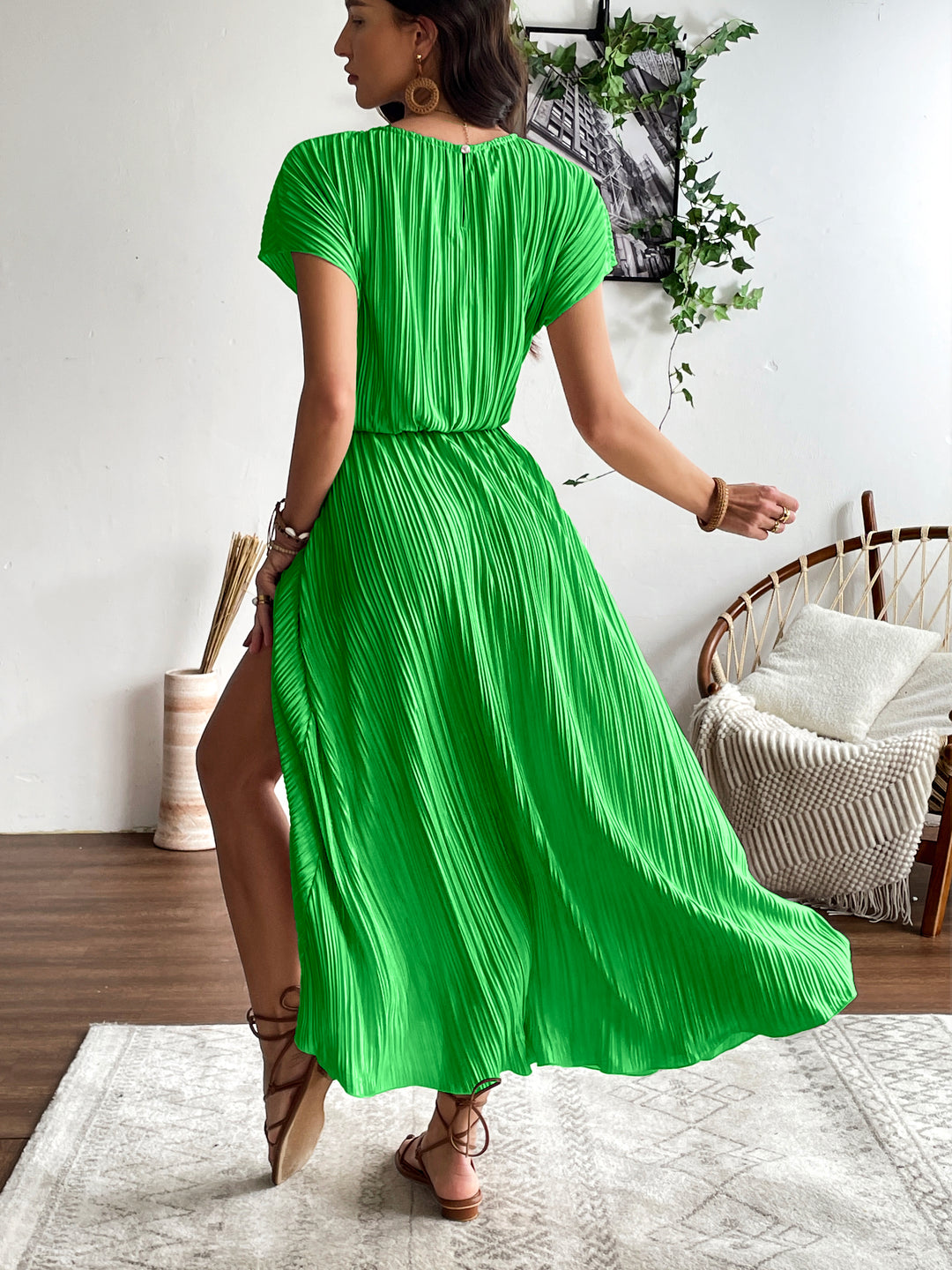 Green Pleated Solid Slit Dress