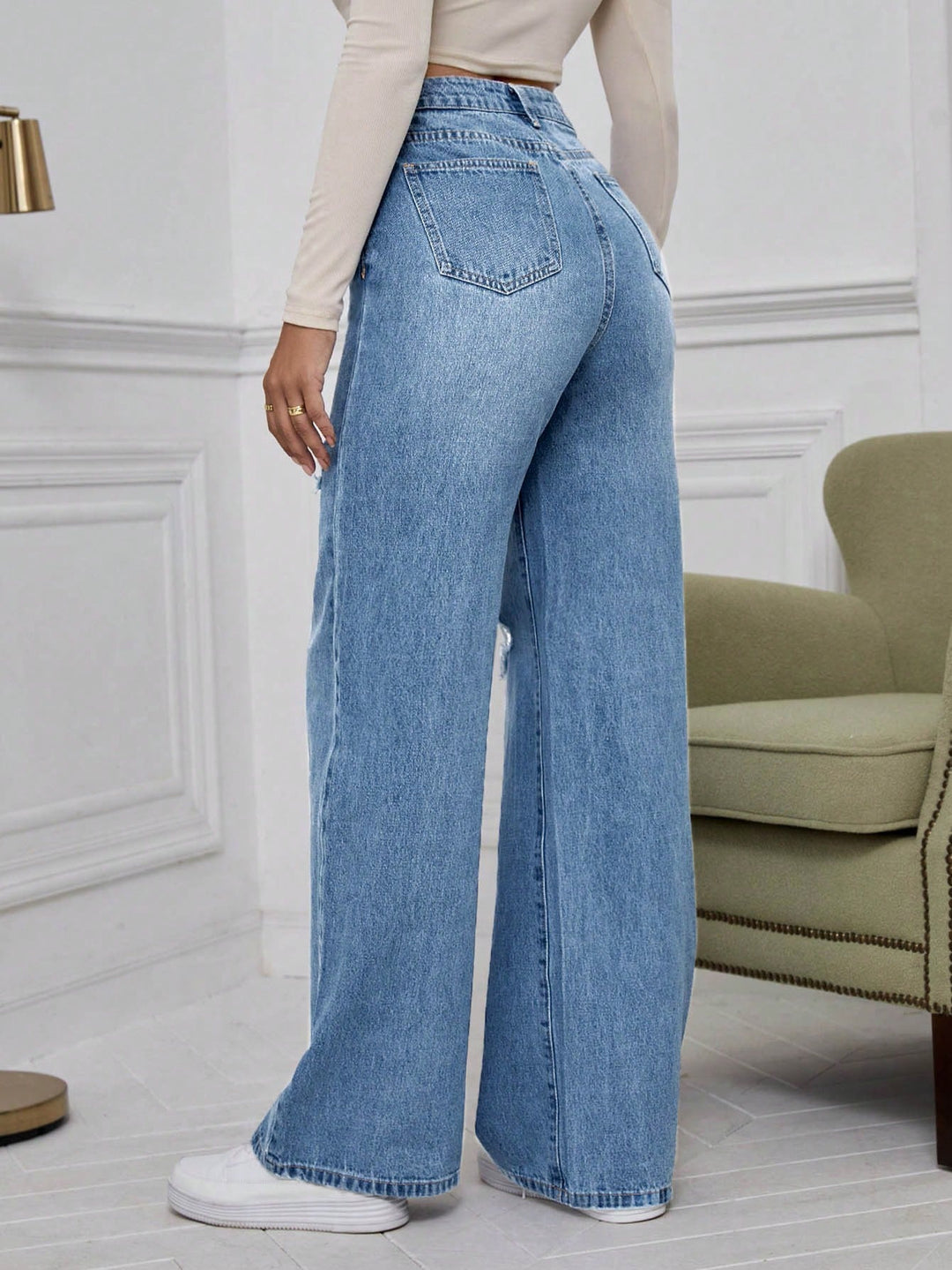 Blue Knee And Thigh Distressed Baggy Jeans