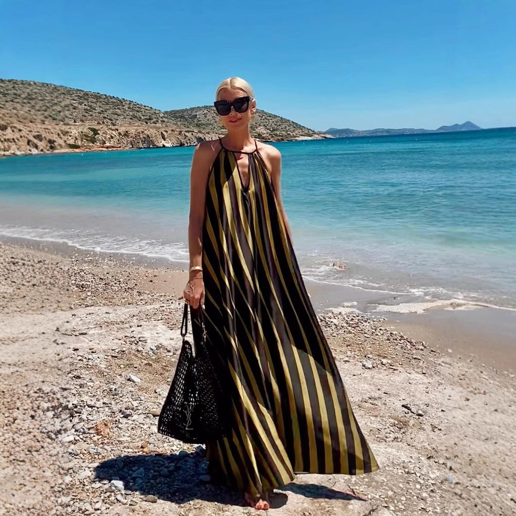 Gold Halter Neck Striped Dress