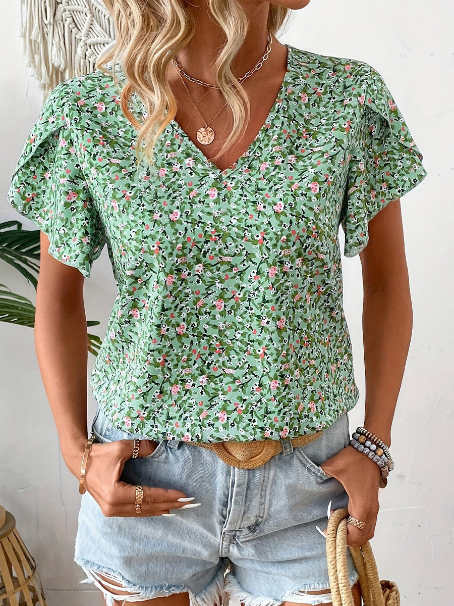 Green V Neck Printed Blouse