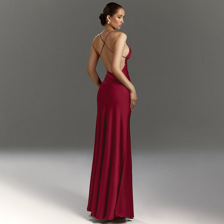 Burgundy Spaghetti Strap Slit A-Line Maxi Dress