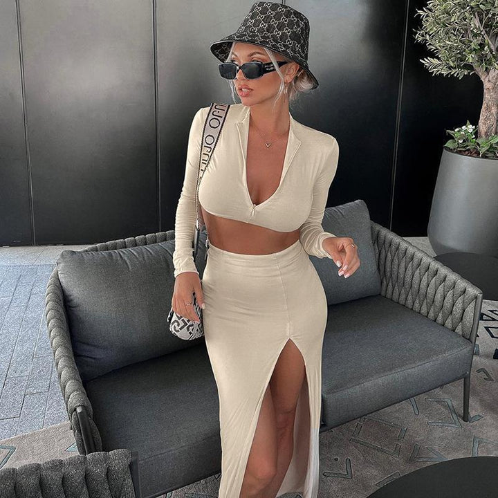 Off White Full Sleeve Crop Top With Slit Maxi Skirt