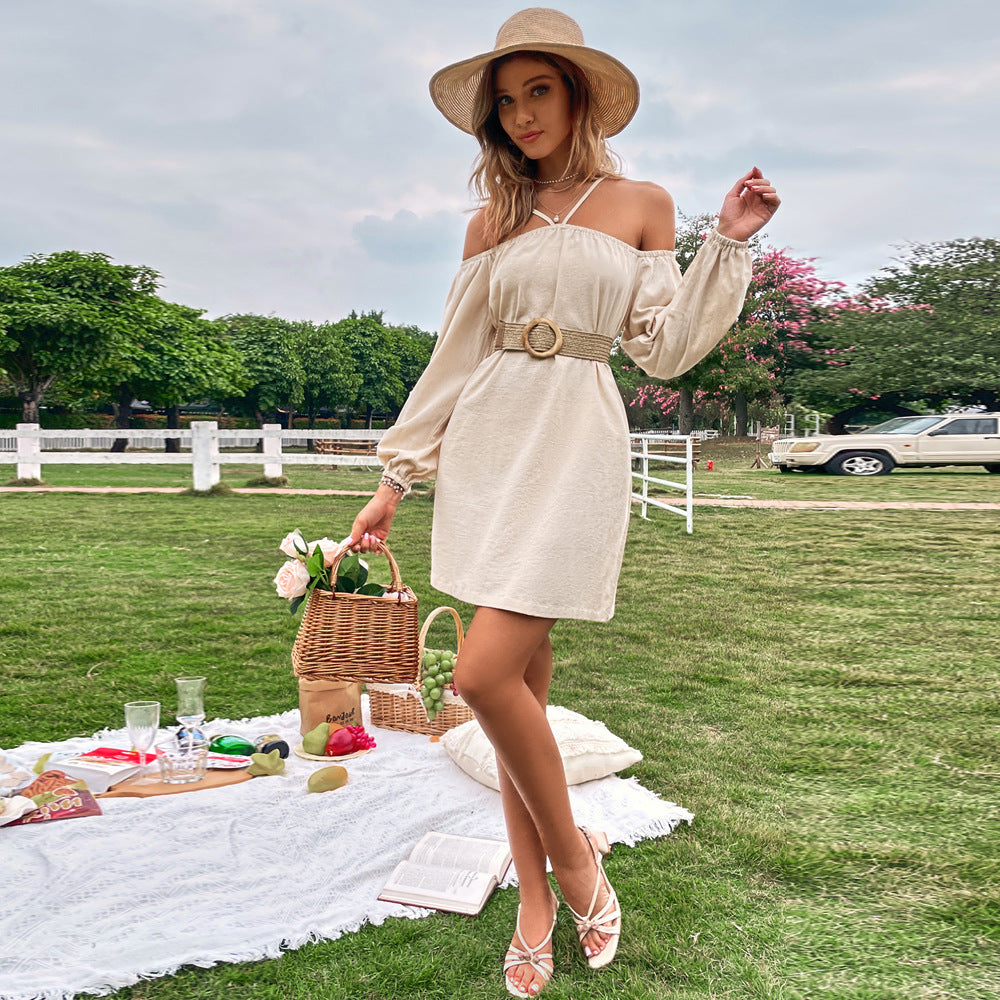 Khaki Cold Shoulder Bishop Sleeve Dress