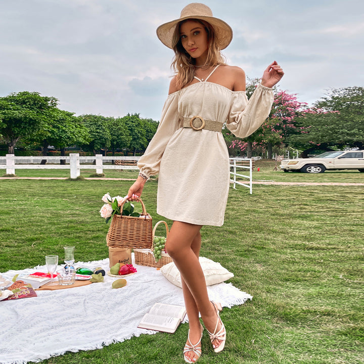 Khaki Cold Shoulder Bishop Sleeve Dress