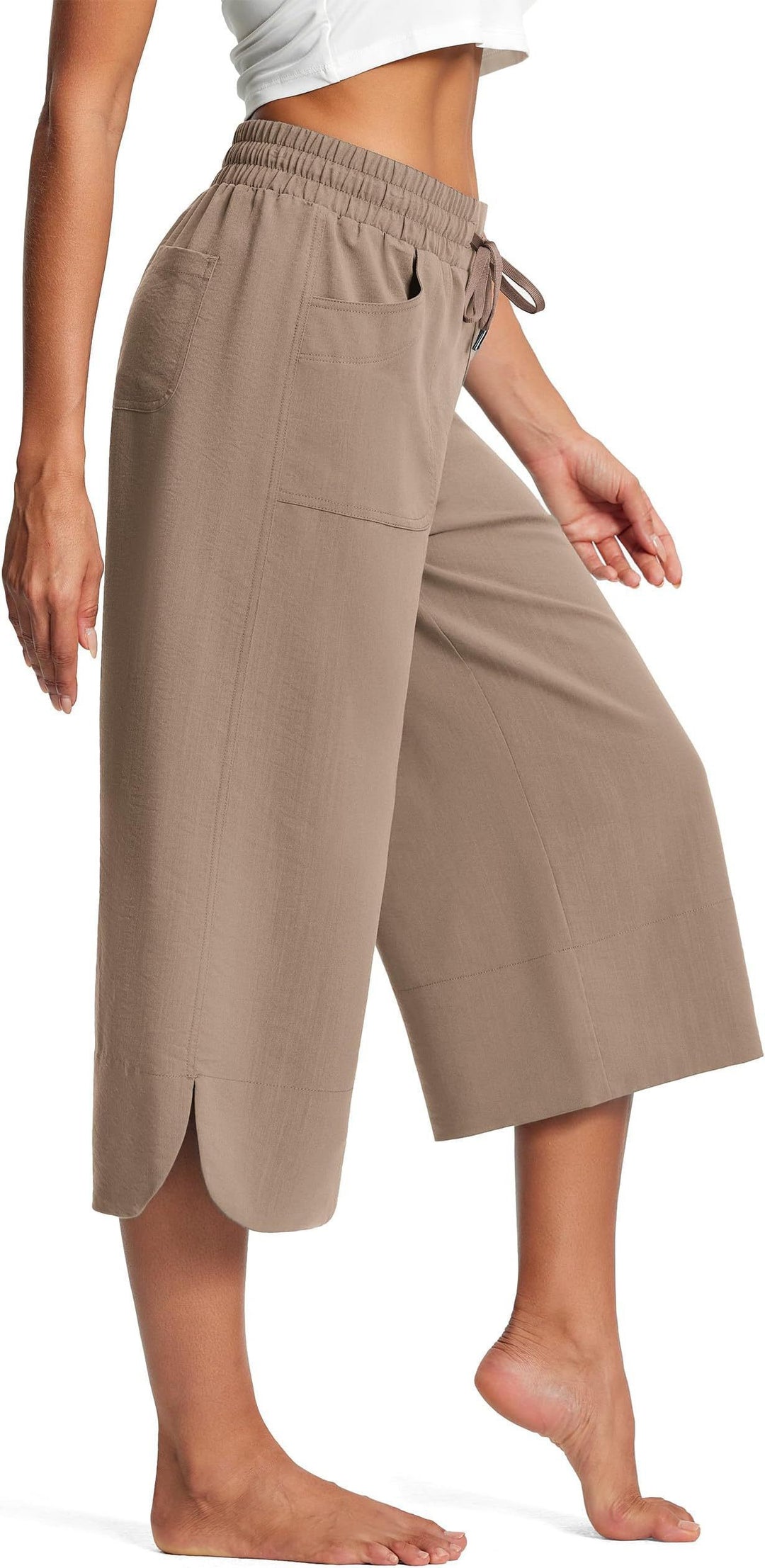 Beige Wide Leg Calf Length Trouser