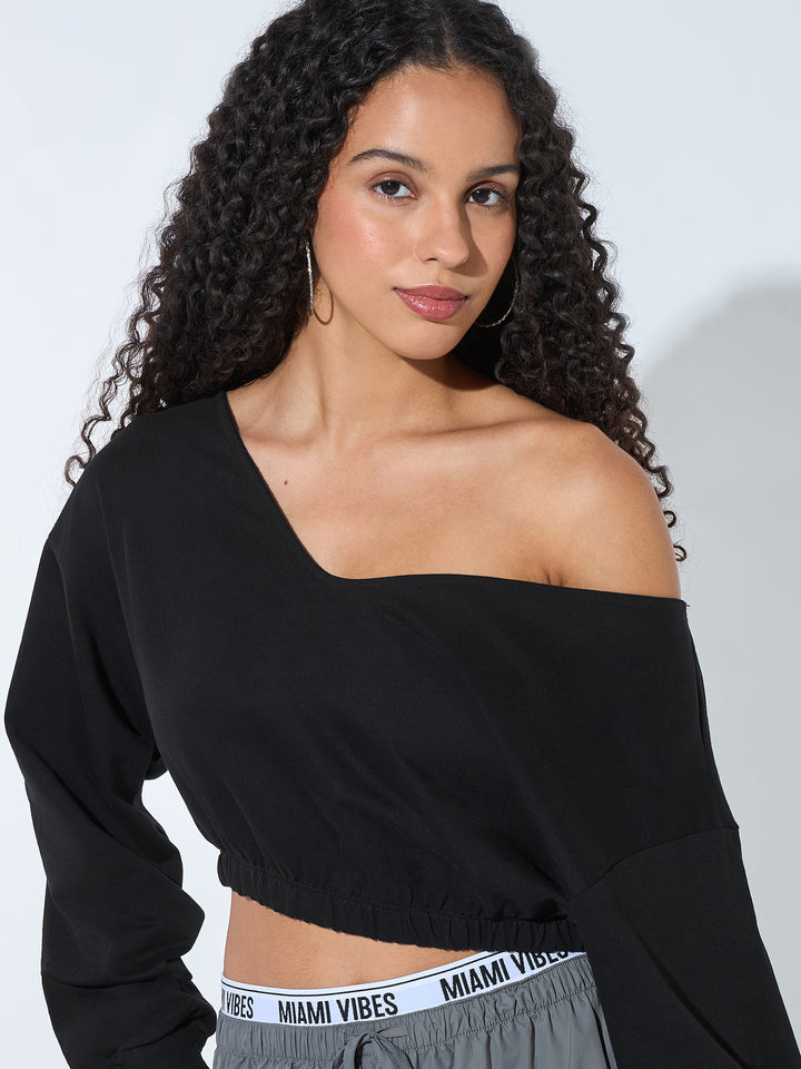 Black V Neck Cropped Sweatshirt