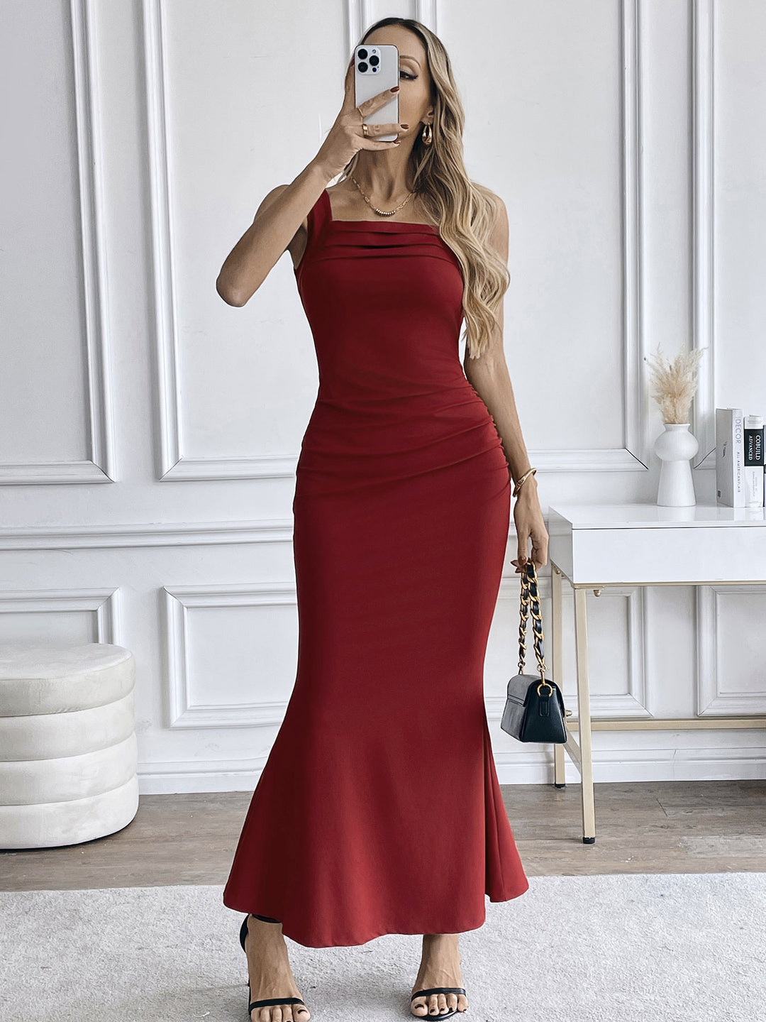 Red Square Neck Fit And Flare Dress