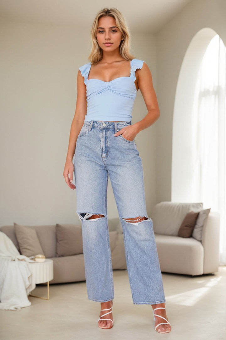 Light Blue Flare Sleeve Front Twisted Top