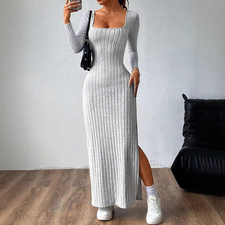 Grey Square Neck Space Ribbed Dress